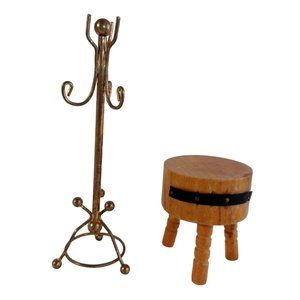 Vintage Old Dollhouse Miniature 6" Brass coat Rack & 2" Wood Butcher Block Lot